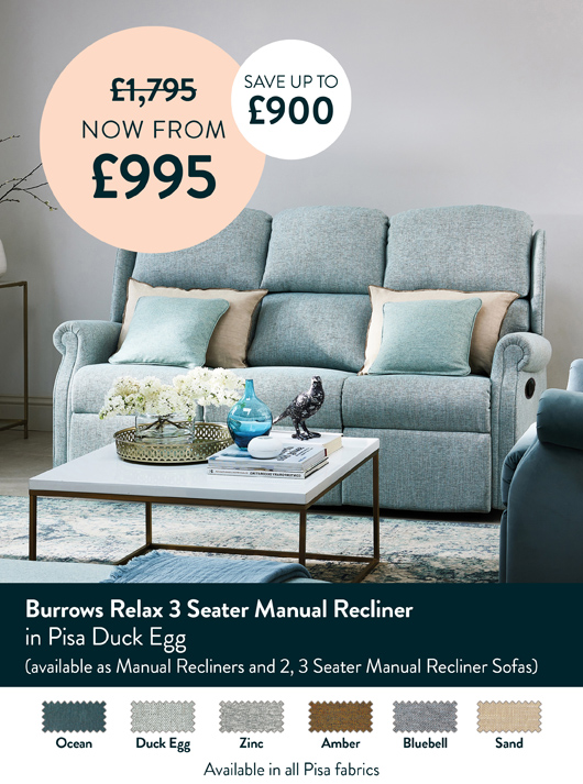 Burrows Relax 3 Seater Manual Recliner in Pisa Duck Egg