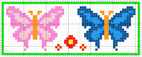 cross stitch pattern of 2 colourful butterflies