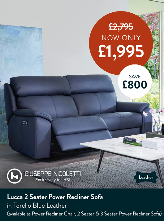 Lucca 2 Seater Power Recliner Sofa in Torell Blue Leather