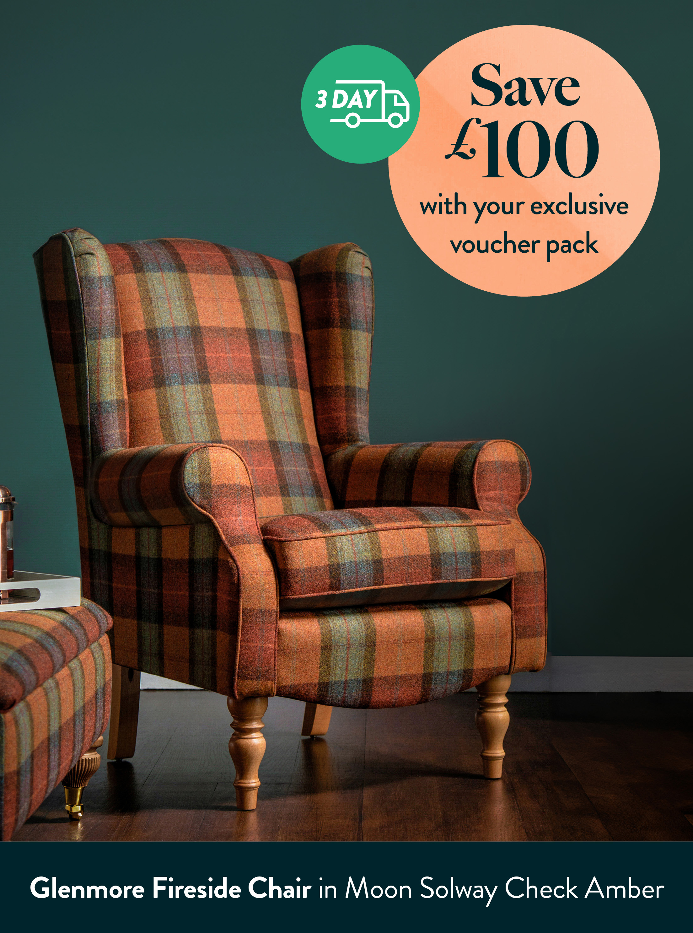 Glenmore Fireside Chair in Moon Solway Check Amber