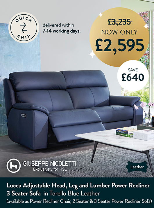 Lucca Power Recliner 3 Seater Sofa in Torello Blue