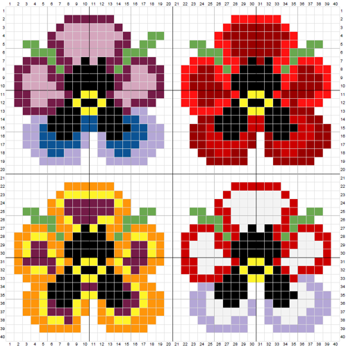 cross stitch pattern of 4 different coloured pansies
