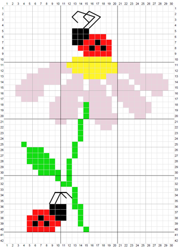 cross stitch pattern with a flower and 2 ladybirds