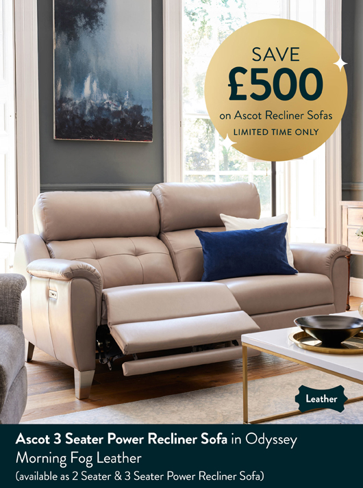 Ascot 3 Seater Power Recliner Sofa in Odyssey Morning Fog Leather