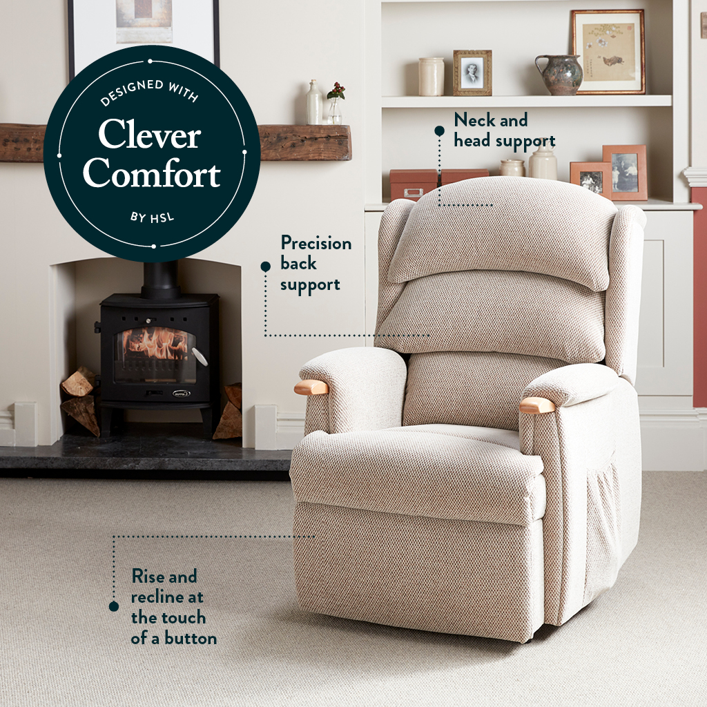 HSL Clever Comfort riser recliner chair showing ergonomic support features