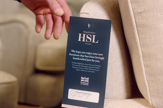 HSL handcrafted quality tag on chair