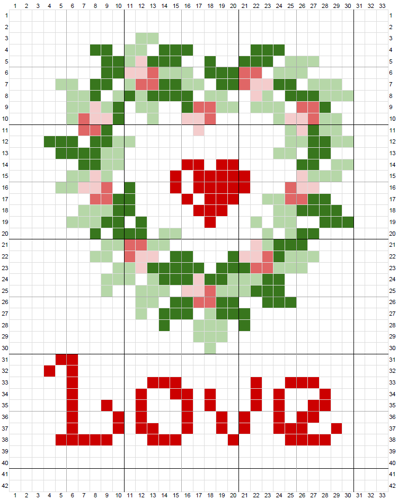 cross stitch pattern of a heart wreath, heart and the word 'love'