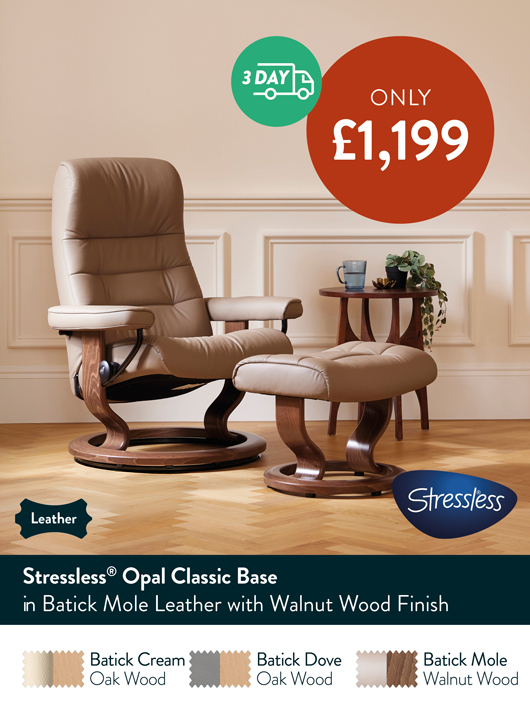 Stressless Opal Classic in Batick Mole Leather with Walnut Wood Finish.