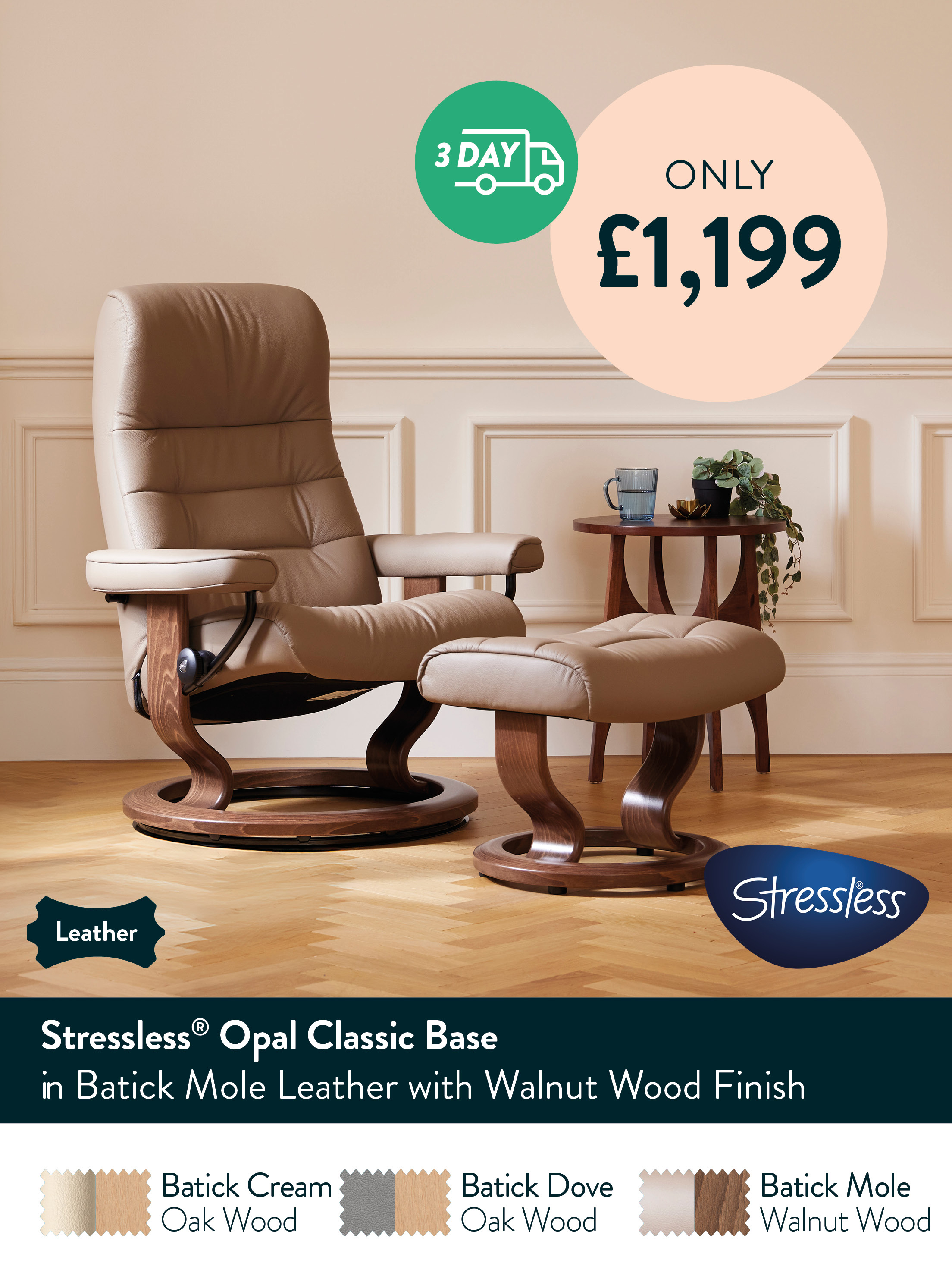 Stressless Opal Classic Base in Batick Mole Leather with Walnut Wood Finish